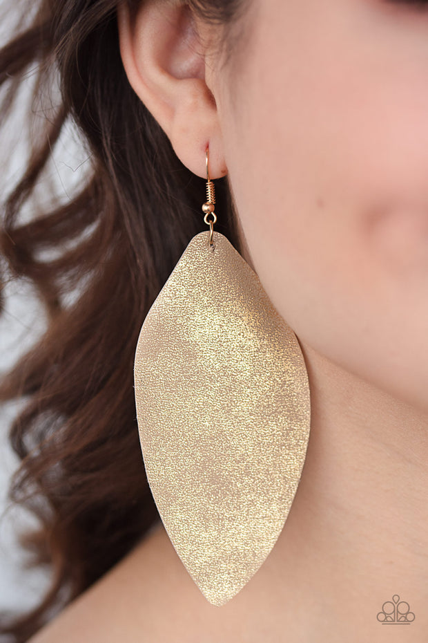 Serenely Smattered Gold Leather Earrings