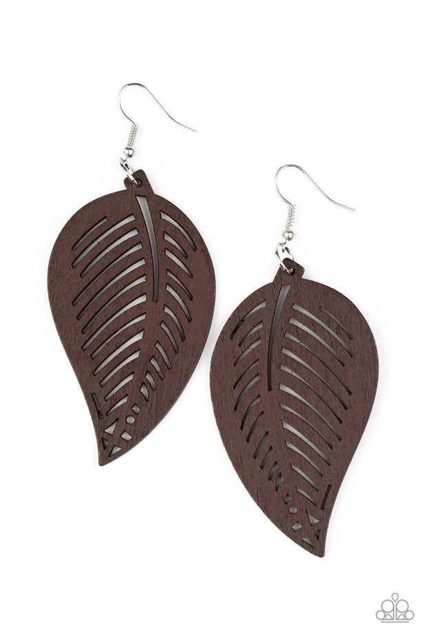 Tropical Foliage - Brown Wooden Earrings