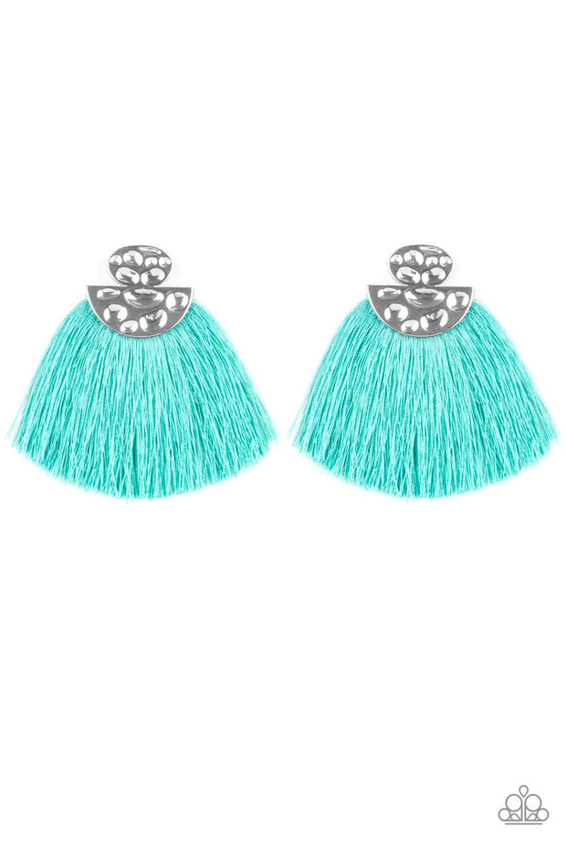 Paparazzi Make Some PLUME - Blue - Thread / Fringe / Tassel - Silver Hammered Post Earrings