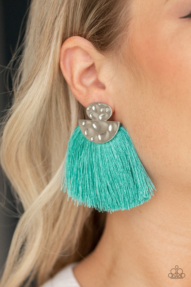 Paparazzi Make Some PLUME - Blue - Thread / Fringe / Tassel - Silver Hammered Post Earrings